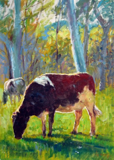 Painting titled "Cow #601" by James Shang, Original Artwork, Oil Mounted on Wood Stretcher frame