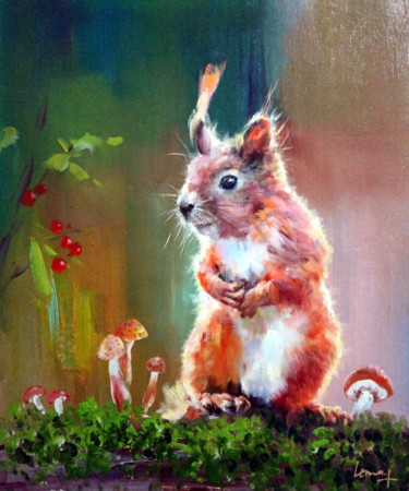 Painting titled "Squirrel 001" by James Shang, Original Artwork, Oil Mounted on Wood Stretcher frame