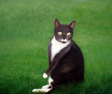 Painting titled "Portrait pet cat 003" by James Shang, Original Artwork, Oil Mounted on Wood Stretcher frame