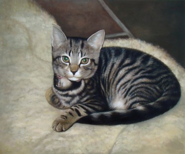 Painting titled "Portrait pet cat 004" by James Shang, Original Artwork, Oil Mounted on Wood Stretcher frame