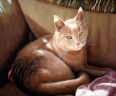 Painting titled "Portrait pet cat 006" by James Shang, Original Artwork, Oil Mounted on Wood Stretcher frame
