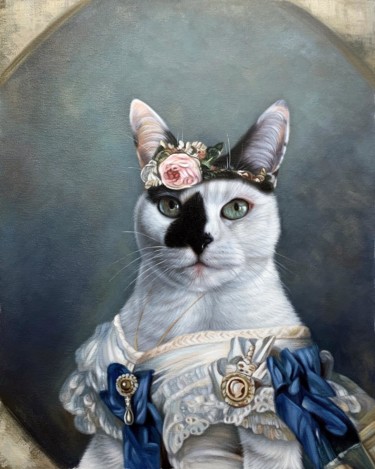 Painting titled "Portrait pet cat 017" by James Shang, Original Artwork, Oil Mounted on Wood Stretcher frame