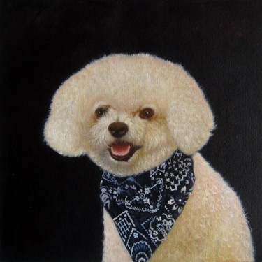 Painting titled "Portrait pet dog 043" by James Shang, Original Artwork, Oil Mounted on Wood Stretcher frame