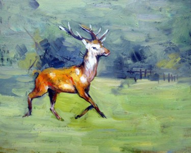 Painting titled "Deer 001" by James Shang, Original Artwork, Oil Mounted on Cardboard