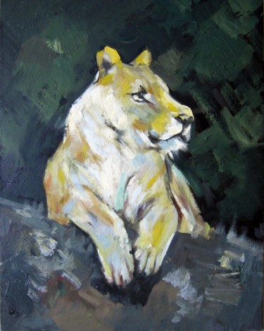 Painting titled "Lion 002" by James Shang, Original Artwork, Oil Mounted on Cardboard