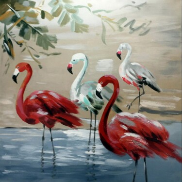 Painting titled "Flamingo 201" by James Shang, Original Artwork, Oil