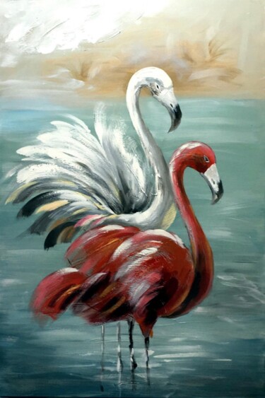 Painting titled "Flamingo 101" by James Shang, Original Artwork, Oil Mounted on Wood Stretcher frame