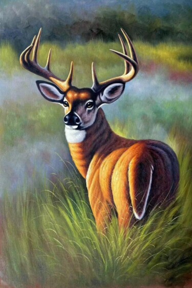 Painting titled "Deer 003D" by James Shang, Original Artwork, Oil Mounted on Wood Stretcher frame