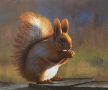 Painting titled "Squirrel 004D" by James Shang, Original Artwork, Oil Mounted on Wood Stretcher frame