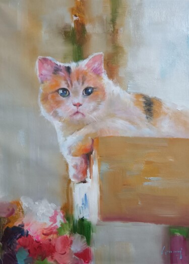 Painting titled "Cat 103D" by James Shang, Original Artwork, Oil Mounted on Wood Stretcher frame