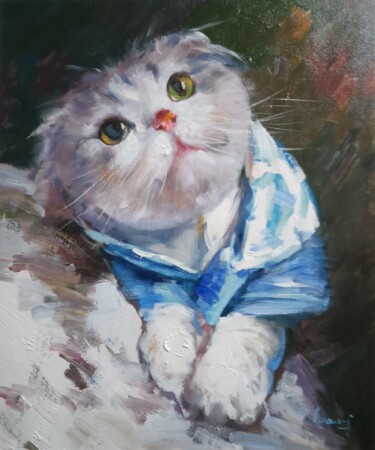 Painting titled "Cat 201D" by James Shang, Original Artwork, Oil Mounted on Wood Stretcher frame
