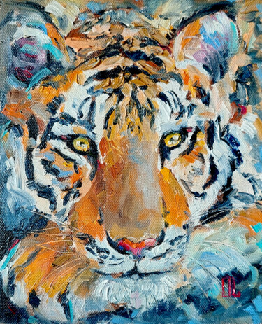 Painting titled "Tiger" by Olesya Lopatina, Original Artwork, Oil Mounted on Wood Panel