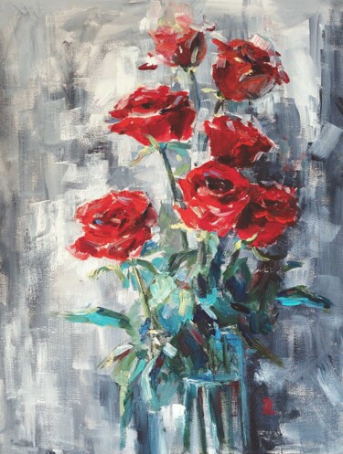 Painting titled "Roses rouges" by Olesya Lopatina, Original Artwork, Oil Mounted on Cardboard