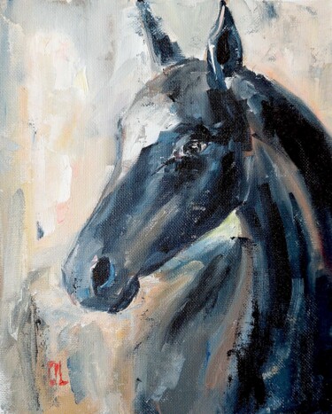 Painting titled "Le cheval noir" by Olesya Lopatina, Original Artwork, Oil Mounted on Cardboard