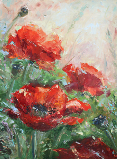 Painting titled "Scarlet poppies" by Olesya Lopatina, Original Artwork, Oil Mounted on Wood Stretcher frame
