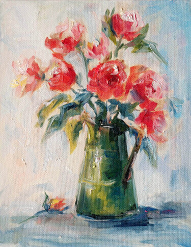 Painting titled "Roses in a green va…" by Olesya Lopatina, Original Artwork, Oil Mounted on Cardboard