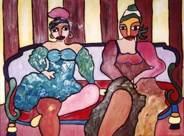 Painting titled "Duo sur canapé" by Sabine Maby, Original Artwork, Oil Mounted on Wood Stretcher frame