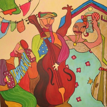 Painting titled "Contrebasse et band…" by Sabine Maby, Original Artwork, Acrylic Mounted on Wood Stretcher frame