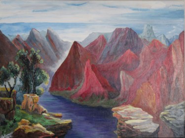 Pintura intitulada "paysage montagneux" por Andre Vinouze, Obras de arte originais, Acrílico Montado em Armação em madeira