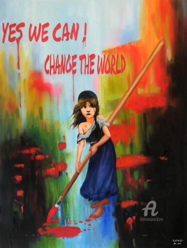 Painting titled "yes we can III" by Artmonica, Original Artwork, Oil Mounted on Wood Stretcher frame