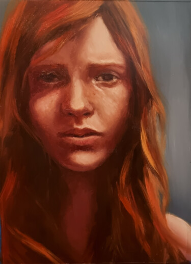 Malerei mit dem Titel "Oil portrait red ha…" von Artmoods Tp, Original-Kunstwerk, Öl Auf Aluminium montiert