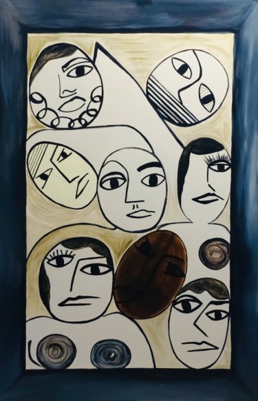 Painting titled "« Tous Confinés »" by Nasso, Original Artwork, Acrylic Mounted on Wood Stretcher frame