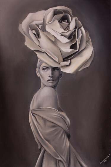 Ζωγραφική με τίτλο "Grey Lady" από Artnatcat, Αυθεντικά έργα τέχνης, Λάδι Τοποθετήθηκε στο Ξύλινο φορείο σκελετό
