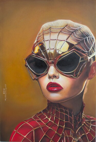 Painting titled "Spider woman 2" by Artnatcat, Original Artwork, Oil Mounted on Wood Stretcher frame