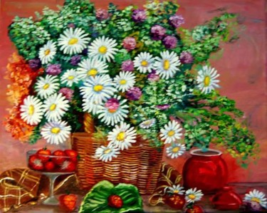 Painting titled "Basket of daisies a…" by Ksenia Nikolaeva, Original Artwork, Oil