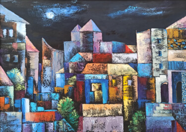 Painting titled "Night cityscape" by Arto Mkrtchyan, Original Artwork, Oil Mounted on Wood Stretcher frame