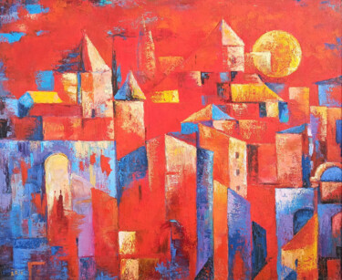 Painting titled "Red cityscape" by Arto Mkrtchyan, Original Artwork, Oil Mounted on Wood Stretcher frame