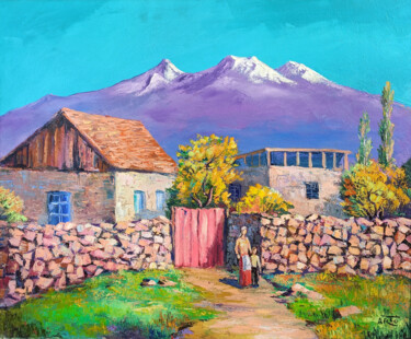 Painting titled "Rural scene" by Arto Mkrtchyan, Original Artwork, Oil Mounted on Wood Stretcher frame