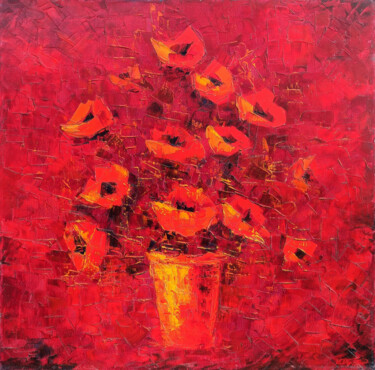 Painting titled "Red flowers" by Arto Mkrtchyan, Original Artwork, Oil Mounted on Wood Stretcher frame