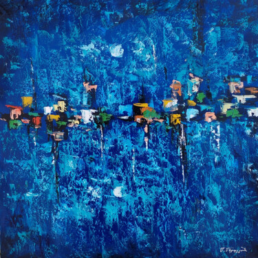 Painting titled "AZURE ASCENT" by Arto Mkrtchyan, Original Artwork, Oil Mounted on Wood Stretcher frame