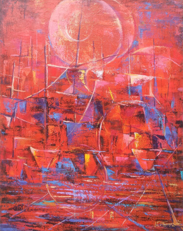 Painting titled "Scarlet Horizons" by Arto Mkrtchyan, Original Artwork, Oil Mounted on Wood Stretcher frame