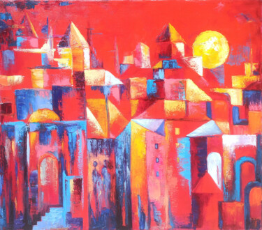 Painting titled "Abstract Urban Suns…" by Arto Mkrtchyan, Original Artwork, Oil Mounted on Wood Stretcher frame