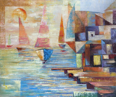 Painting titled "Sunset Sails" by Arto Mkrtchyan, Original Artwork, Oil Mounted on Wood Stretcher frame