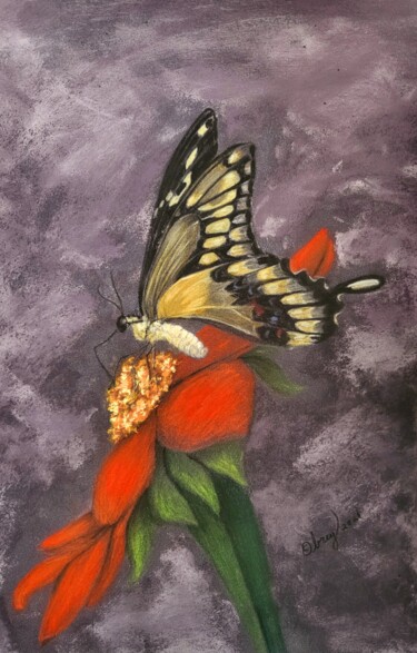 Pittura intitolato "Papillon et fleur r…" da Obrey, Opera d'arte originale, Pastello
