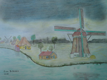 Tekening getiteld "The Windmill" door Cornelis Sproet, Origineel Kunstwerk, Potlood