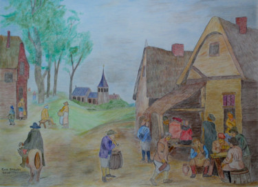 Tekening getiteld "Village Inn" door Cornelis Sproet, Origineel Kunstwerk, Potlood