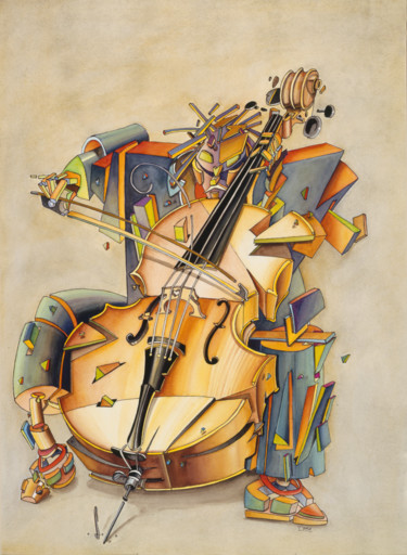 Painting titled "LE VIOLONCELLE" by Toma, Original Artwork, Watercolor