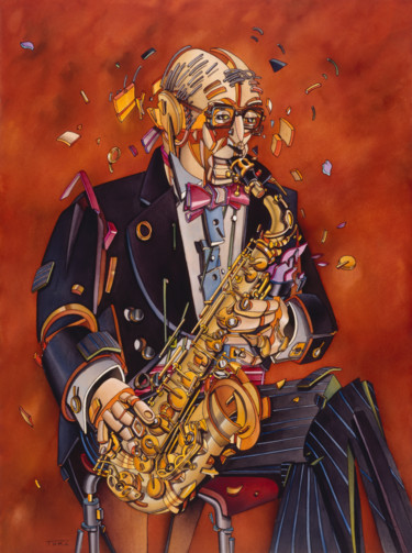 Painting titled "SAXO ALTO CLASSIQUE" by Toma, Original Artwork, Watercolor Mounted on artwork_cat.