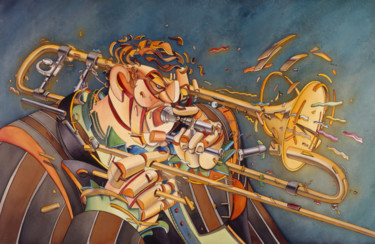 Painting titled "LE TROMBONE" by Toma, Original Artwork, Watercolor