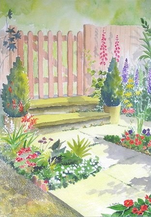 Painting titled "Cottage Garden" by Lynda Pedley, Original Artwork, Oil