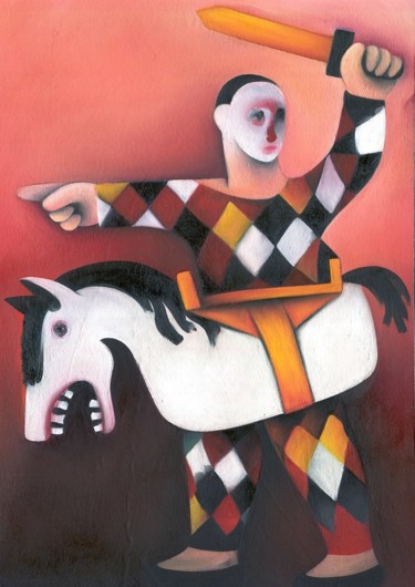 Clown HARLEQUIN SOLDIER Surreal Art Naive Painting titled "Clown HARLEQUIN SOL…" by Frand, Original Art, Oil