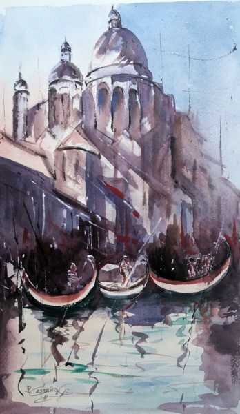 Painting titled "acuarela-gondoleros…" by Pedro Castaño Gallardo, Original Artwork, Watercolor