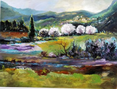 Pintura titulada "valle del Jerte" por Pedro Castaño Gallardo, Obra de arte original, Oleo Montado en Panel de madera