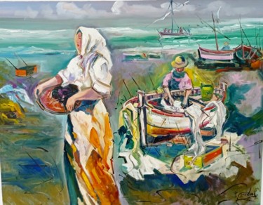 「pescadores」というタイトルの絵画 Pedro Castaño Gallardoによって, オリジナルのアートワーク, オイル ウッドストレッチャーフレームにマウント