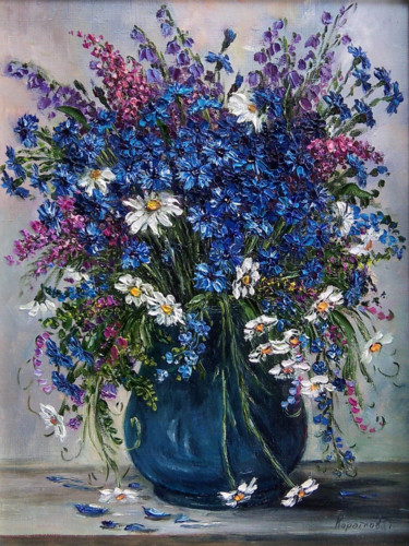 Painting titled "bouquet of cornflow…" by Tatyana Korotkova, Original Artwork, Oil