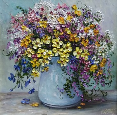 Painting titled "cheerful bouquet" by Tatyana Korotkova, Original Artwork, Oil